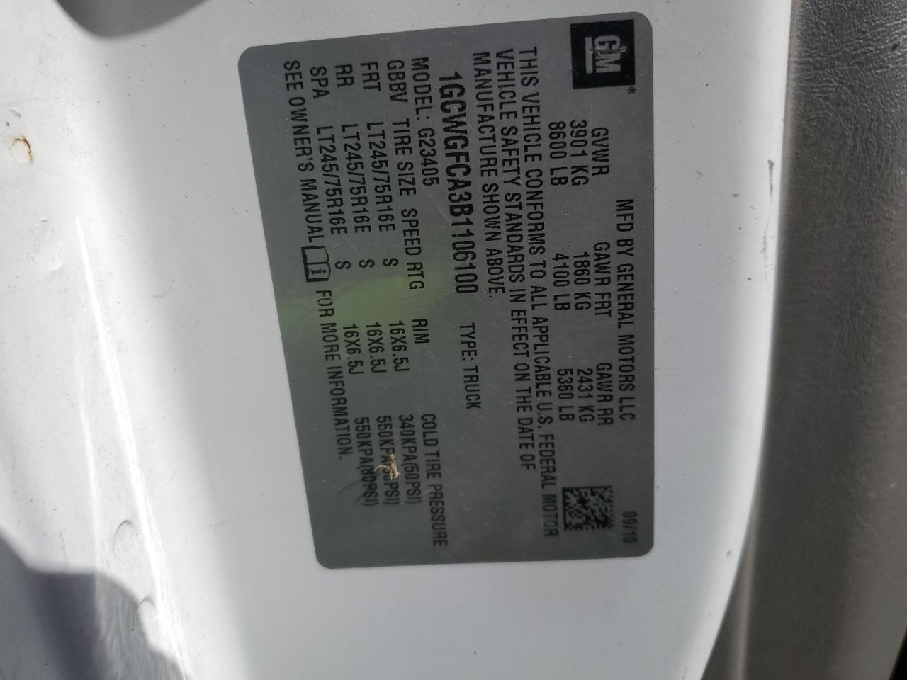 2011 Chevrolet Express G2500 VIN: 1GCWGFCA3B1106100 Lot: 69848935