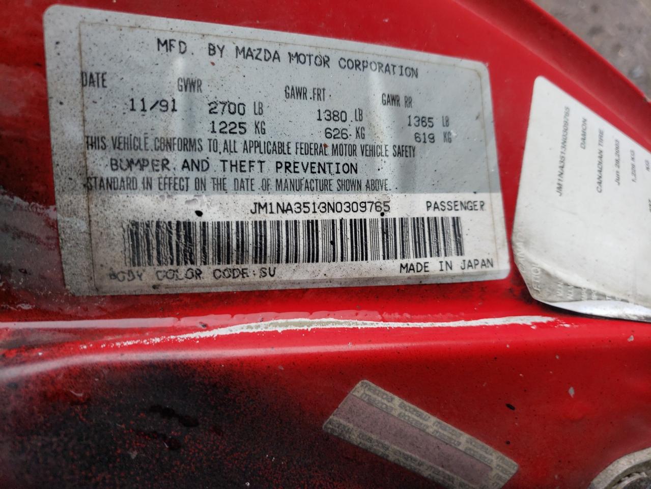 1992 Mazda Mx-5 Miata VIN: JM1NA3513N0309765 Lot: 68816125