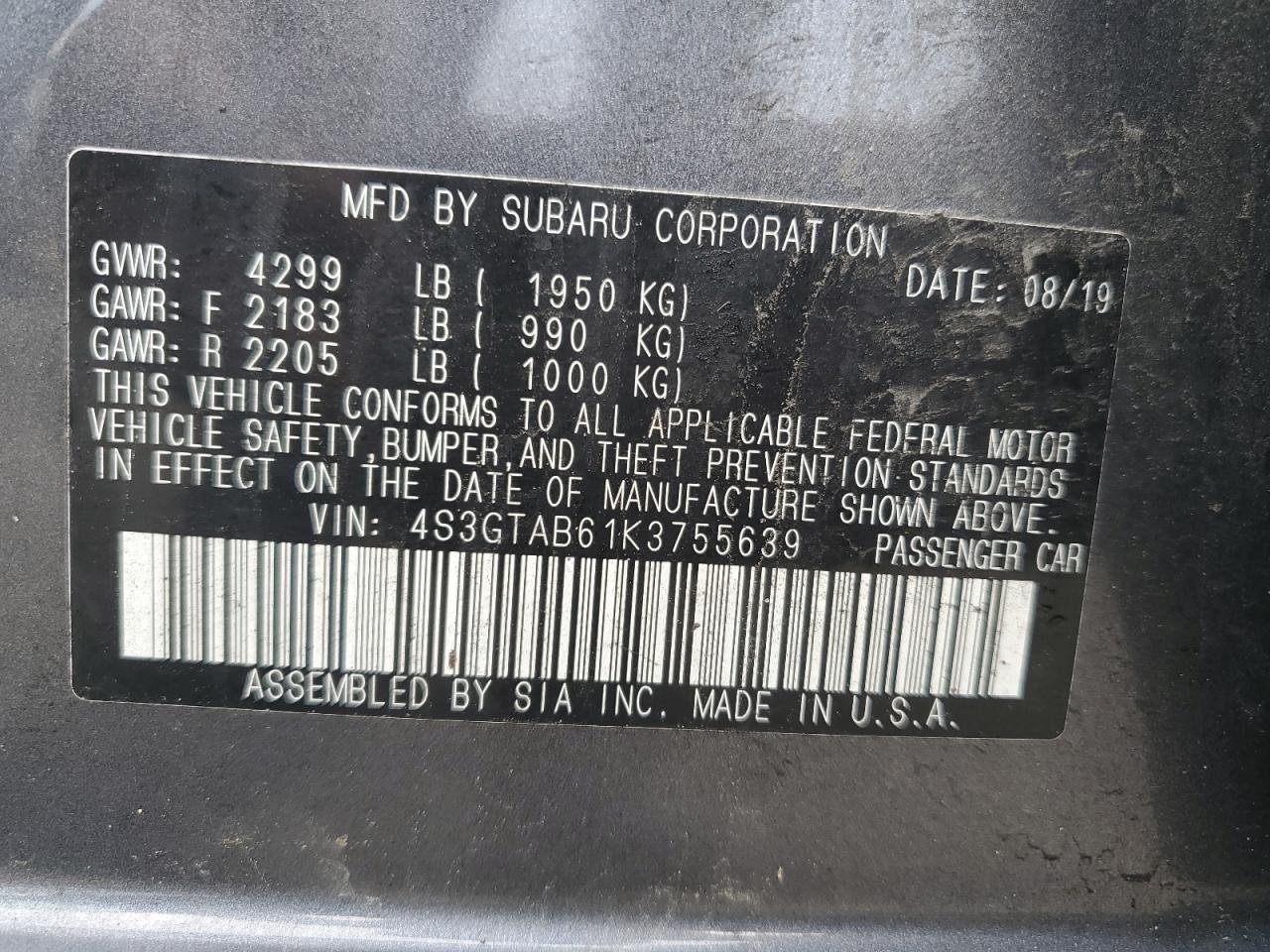 2019 Subaru Impreza VIN: 4S3GTAB61K3755639 Lot: 66912715