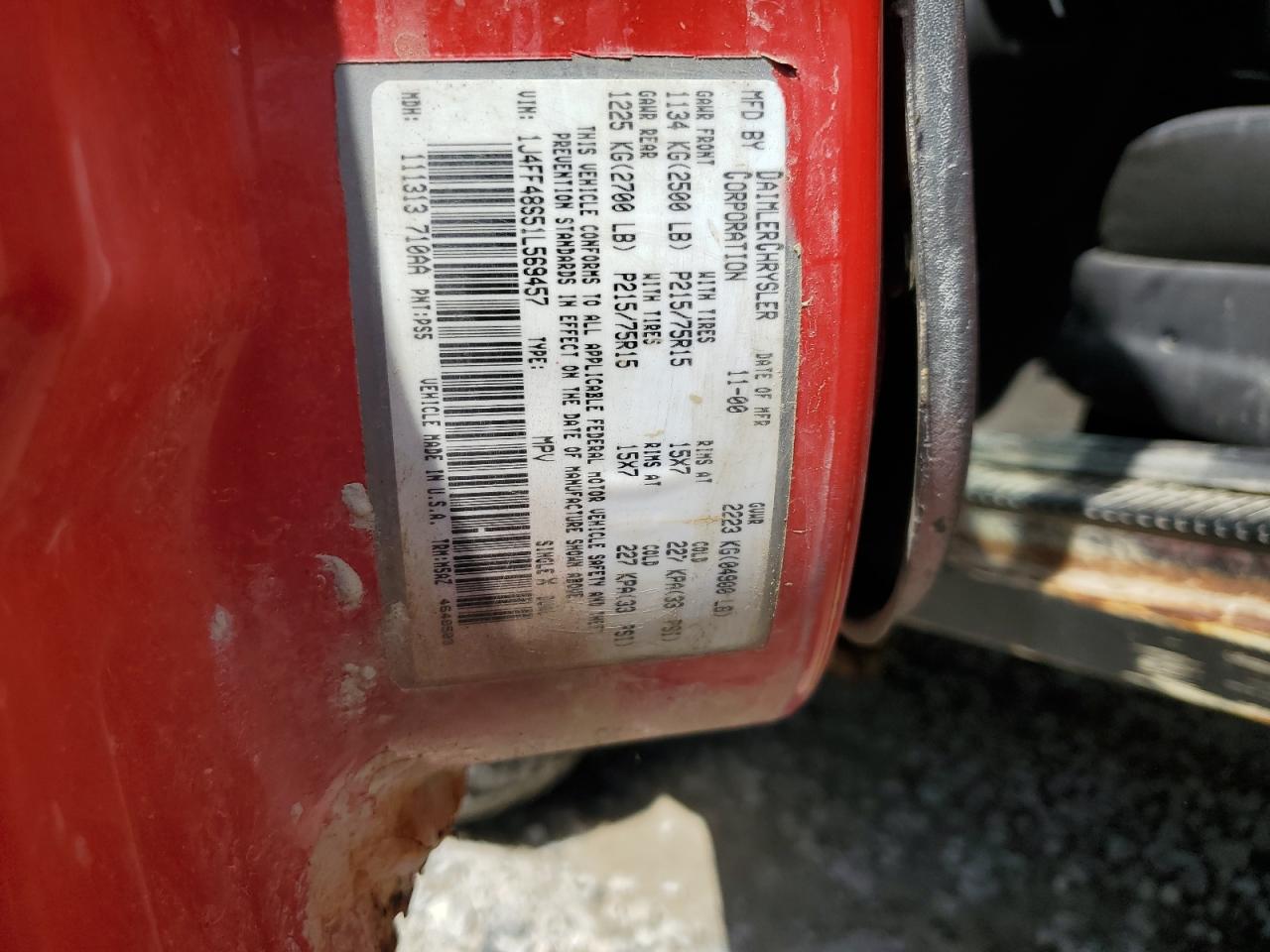 2001 Jeep Cherokee Sport VIN: 1J4FF48S51L569457 Lot: 71046575