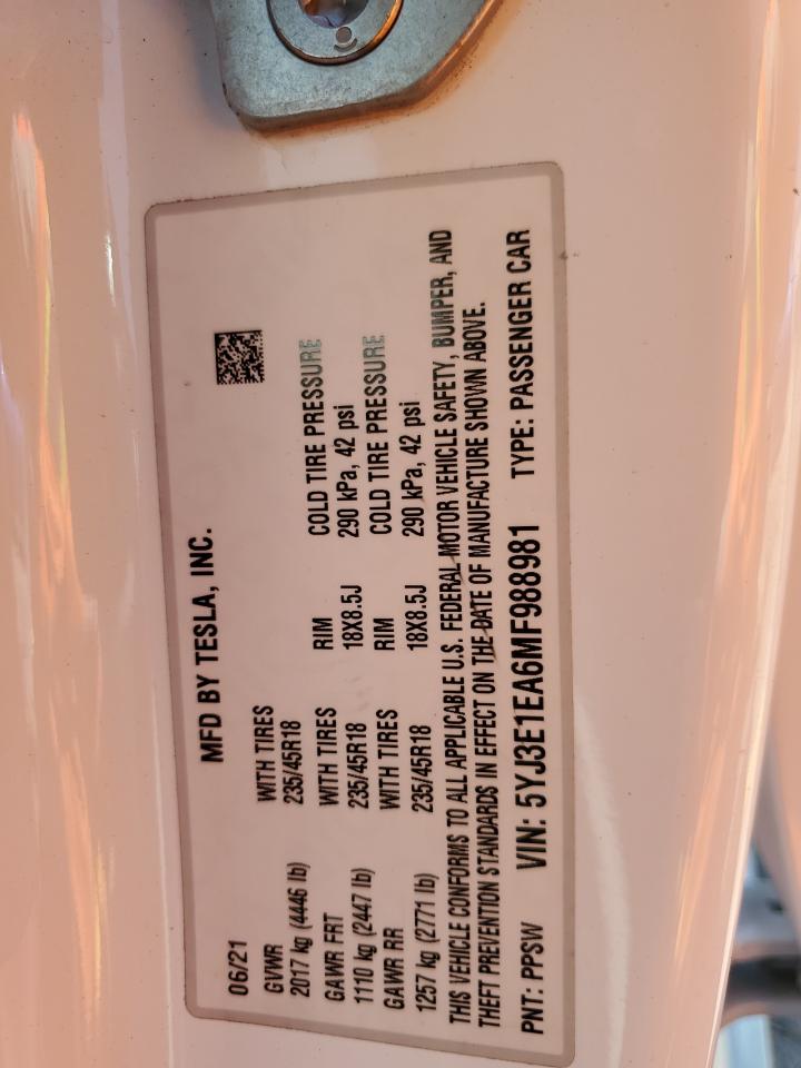 2021 Tesla Model 3 VIN: 5YJ3E1EA6MF988981 Lot: 67980125