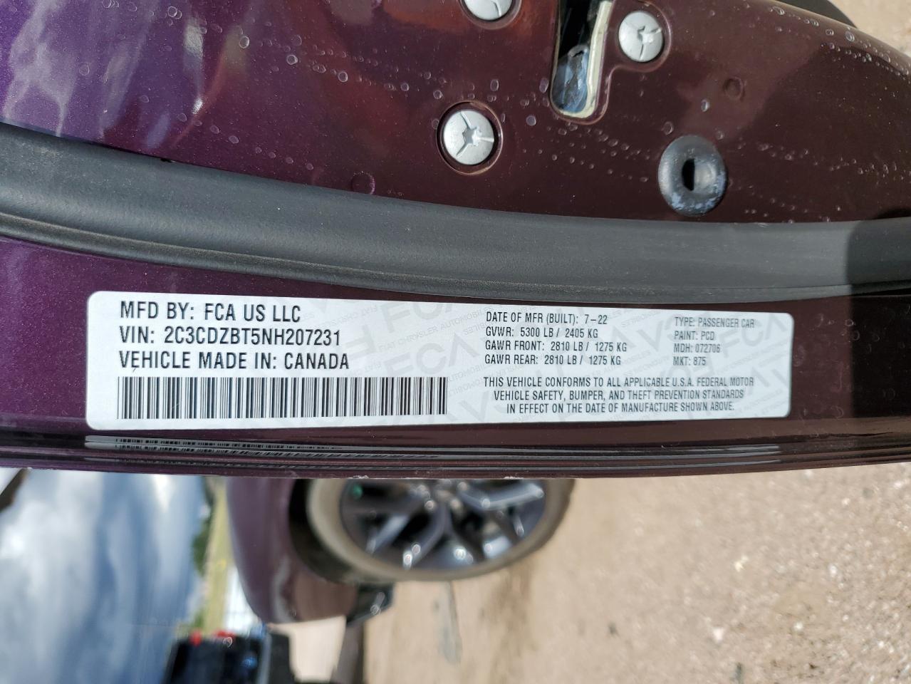 2022 Dodge Challenger R/T VIN: 2C3CDZBT5NH207231 Lot: 70144685