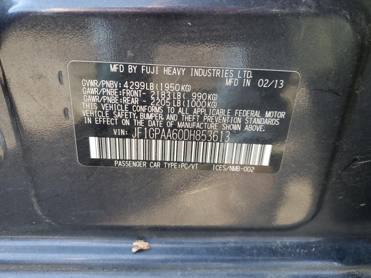 2013 Subaru Impreza VIN: JF1GPAA60DH853613 Lot: 69579255