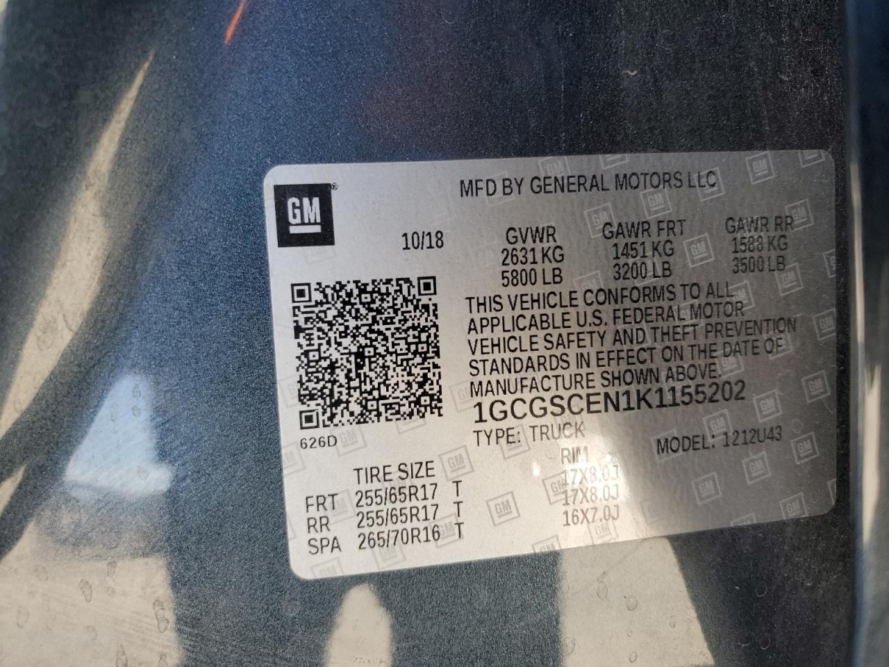 2019 Chevrolet Colorado Lt VIN: 1GCGSCEN1K1155202 Lot: 70016465