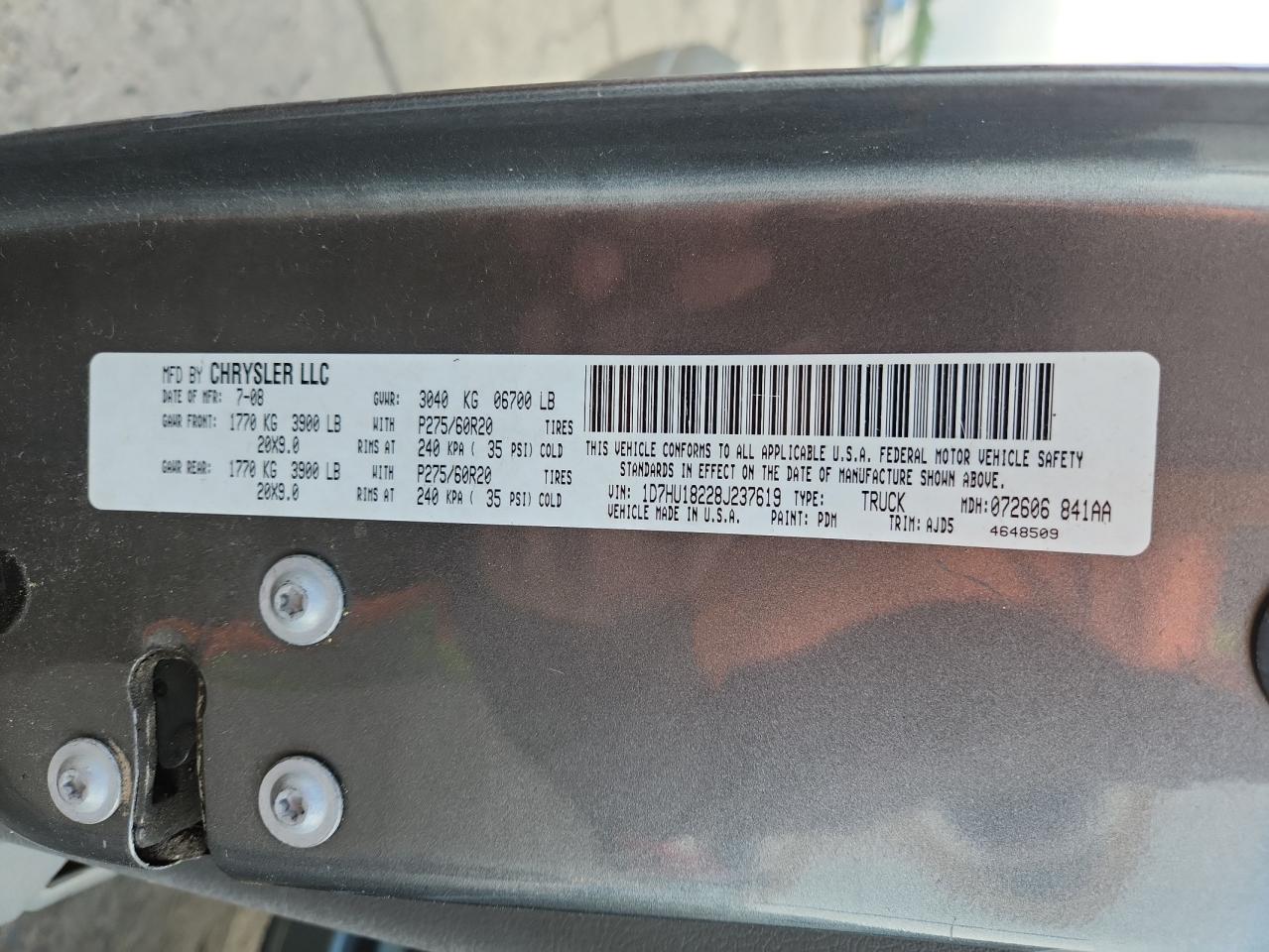 2008 Dodge Ram 1500 St VIN: 1D7HU18228J237619 Lot: 70169875