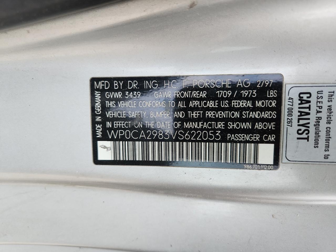 1997 Porsche Boxster VIN: WP0CA2988VS622053 Lot: 70346355