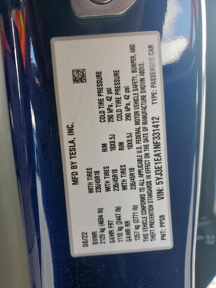 2022 Tesla Model 3 VIN: 5YJ3E1EA1NF331412 Lot: 70197375