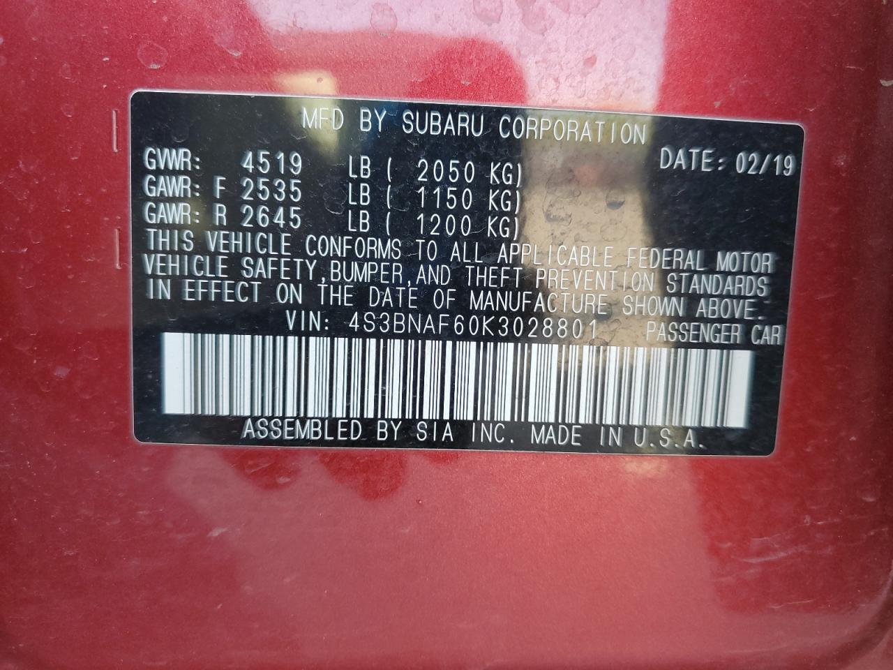 2019 Subaru Legacy 2.5I Premium VIN: 4S3BNAF60K3028801 Lot: 68105885