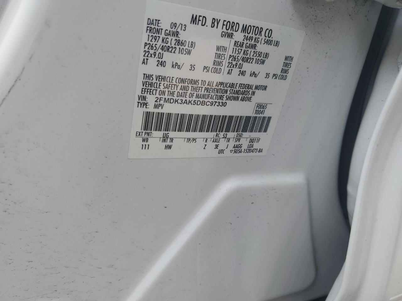 2013 Ford Edge Sport VIN: 2FMDK3AK5DBC97330 Lot: 69144085