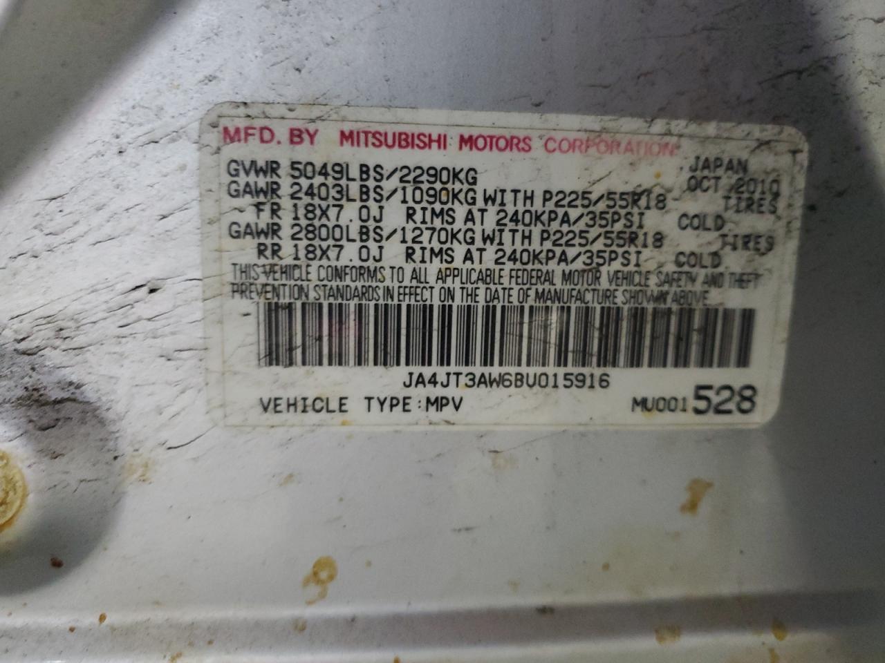 2011 Mitsubishi Outlander Se VIN: JA4JT3AW6BU015916 Lot: 80778985