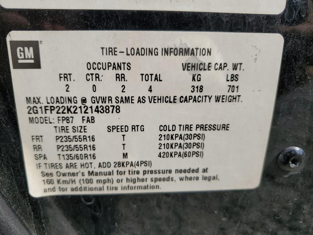 2001 Chevrolet Camaro VIN: 2G1FP22K212143878 Lot: 70710355