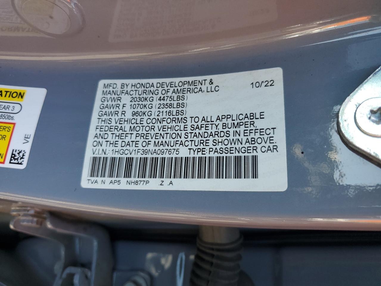 2022 Honda Accord Sport VIN: 1HGCV1F39NA097675 Lot: 70939645