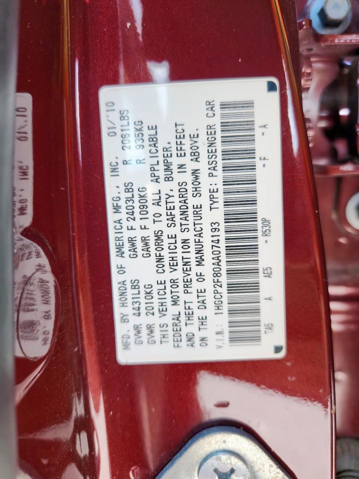 2010 Honda Accord Exl VIN: 1HGCP2F80AA074193 Lot: 69034885