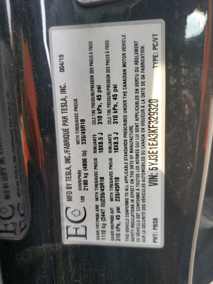 2019 Tesla Model 3 VIN: 5YJ3E1EA3KF329320 Lot: 65887785
