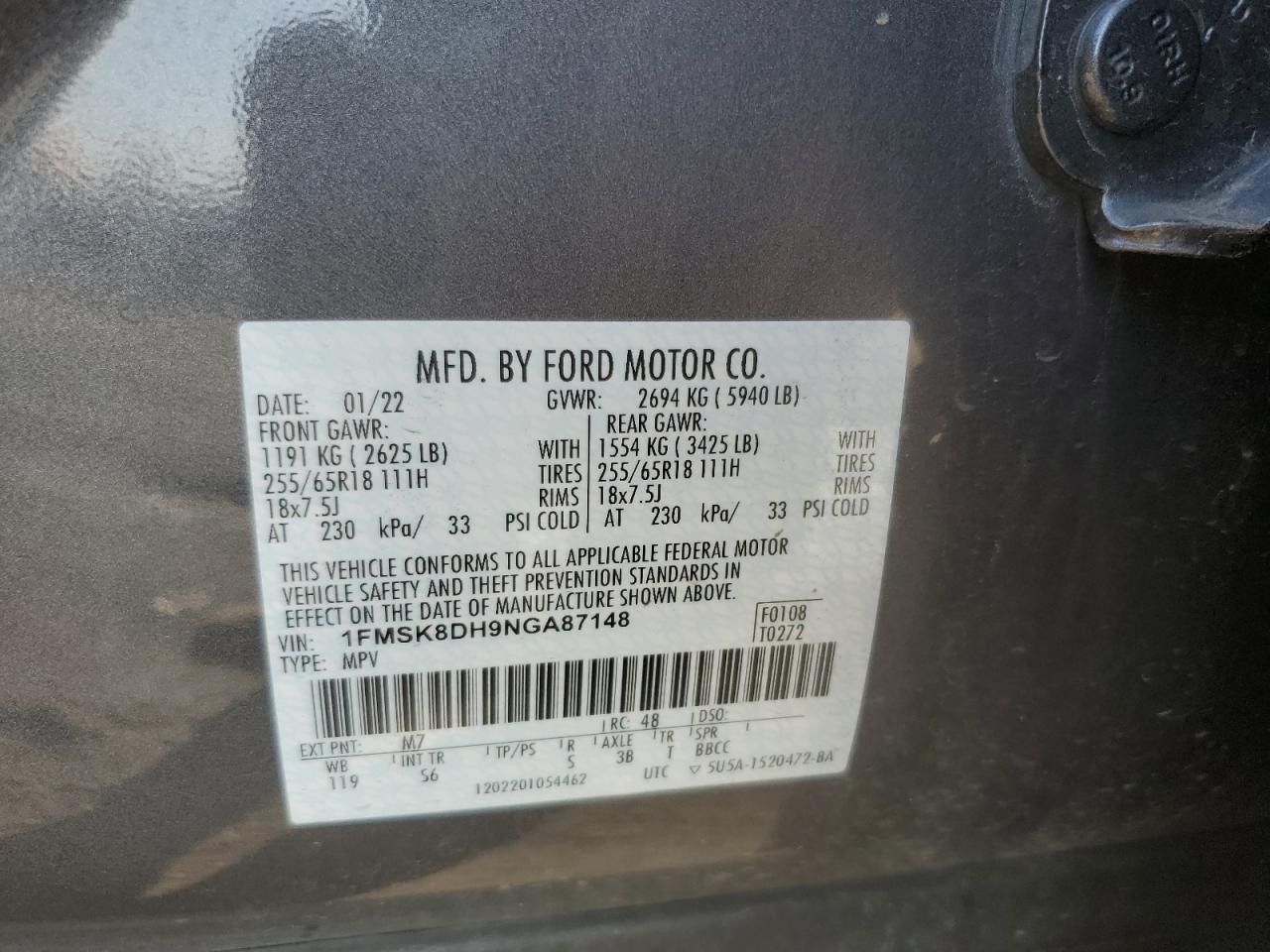 2022 Ford Explorer Xlt VIN: 1FMSK8DH9NGA87148 Lot: 69907335