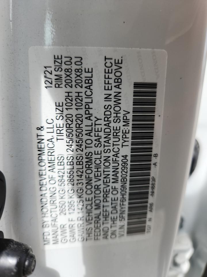 2022 Honda Pilot Elite VIN: 5FNYF6H09NB029904 Lot: 69220035