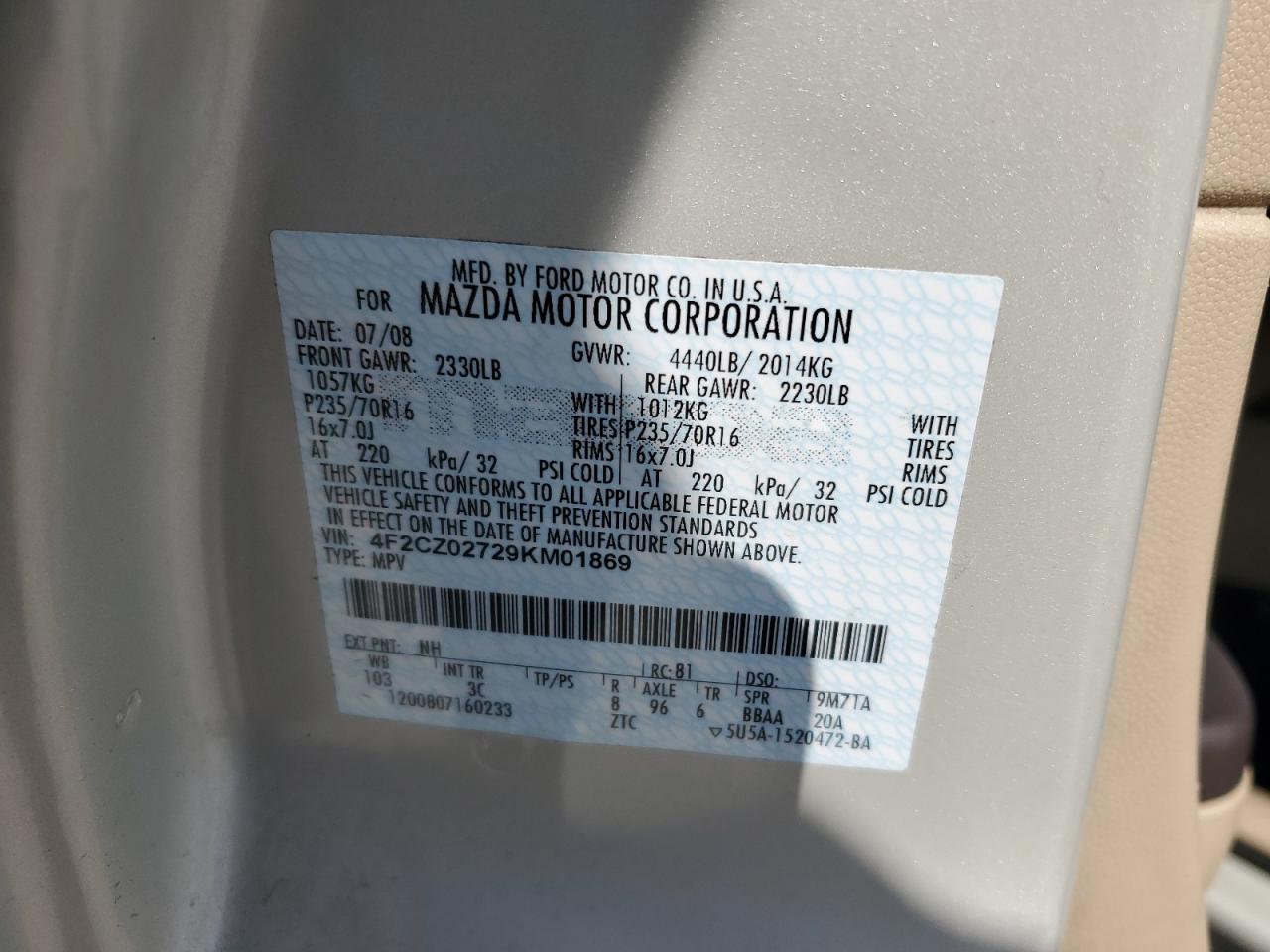 2009 Mazda Tribute I VIN: 4F2CZ02729KM01869 Lot: 67520685