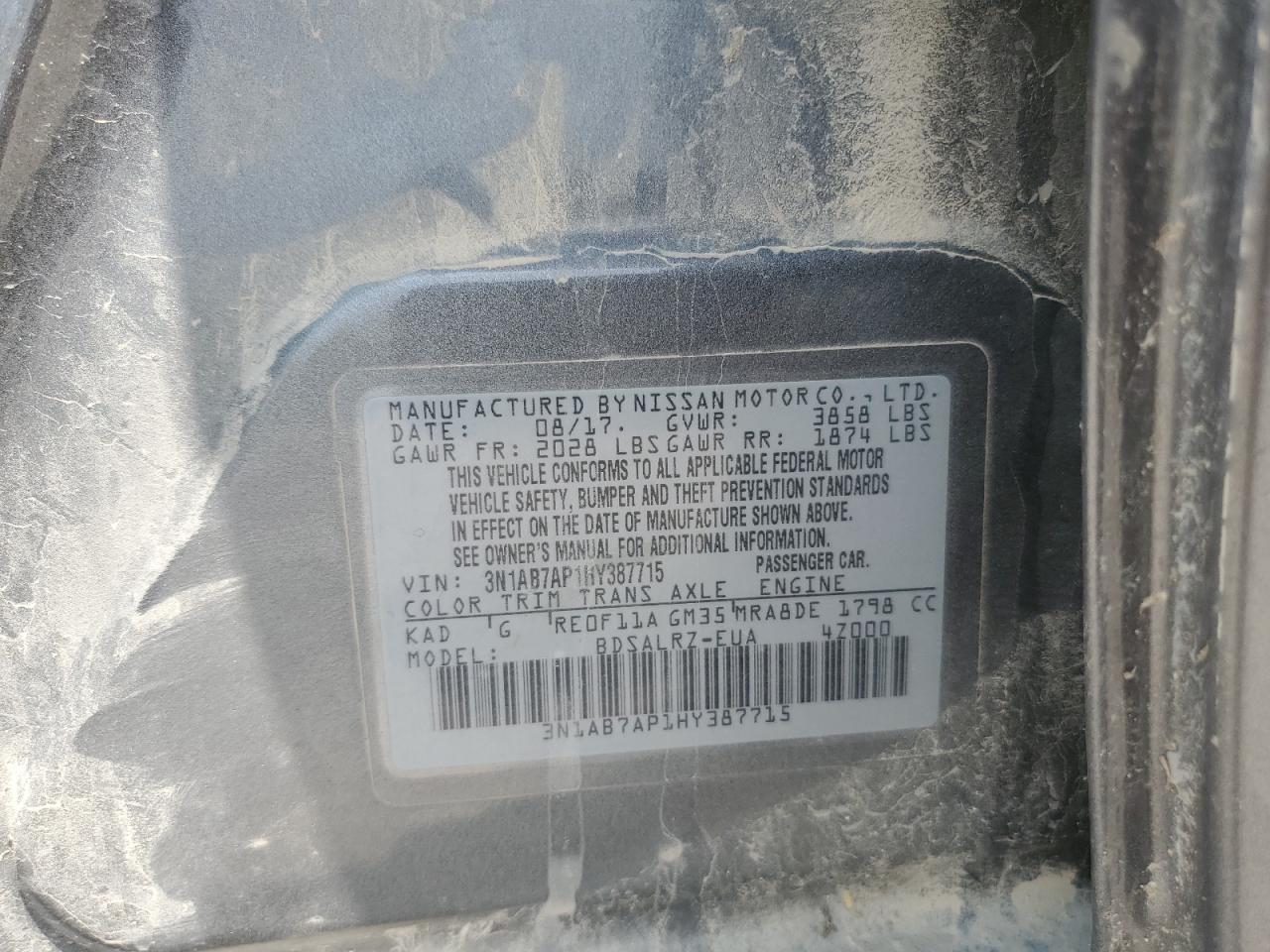 2017 Nissan Sentra S VIN: 3N1AB7AP1HY387715 Lot: 67243495