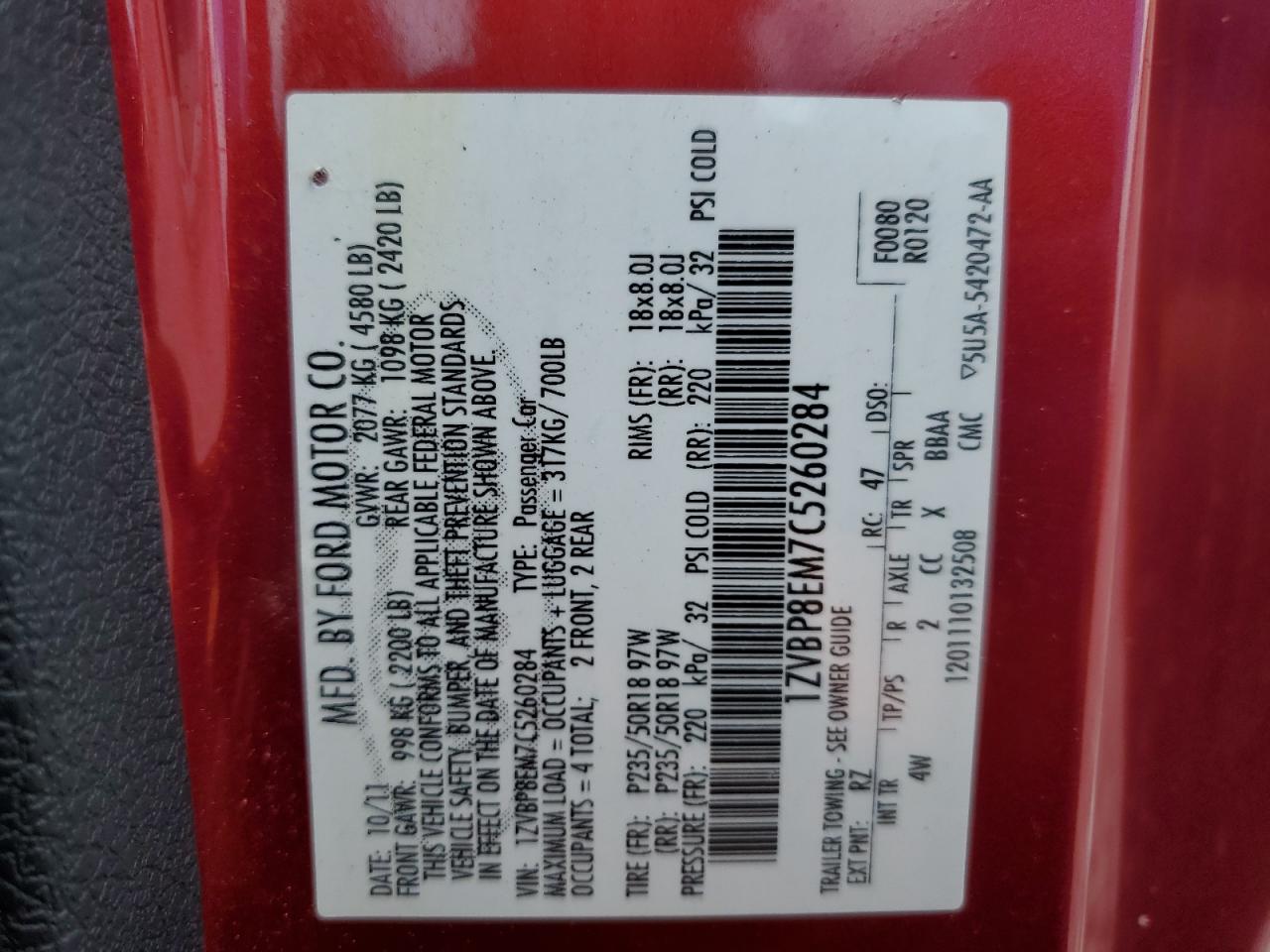 2012 Ford Mustang VIN: 1ZVBP8EM7C5260284 Lot: 86808435