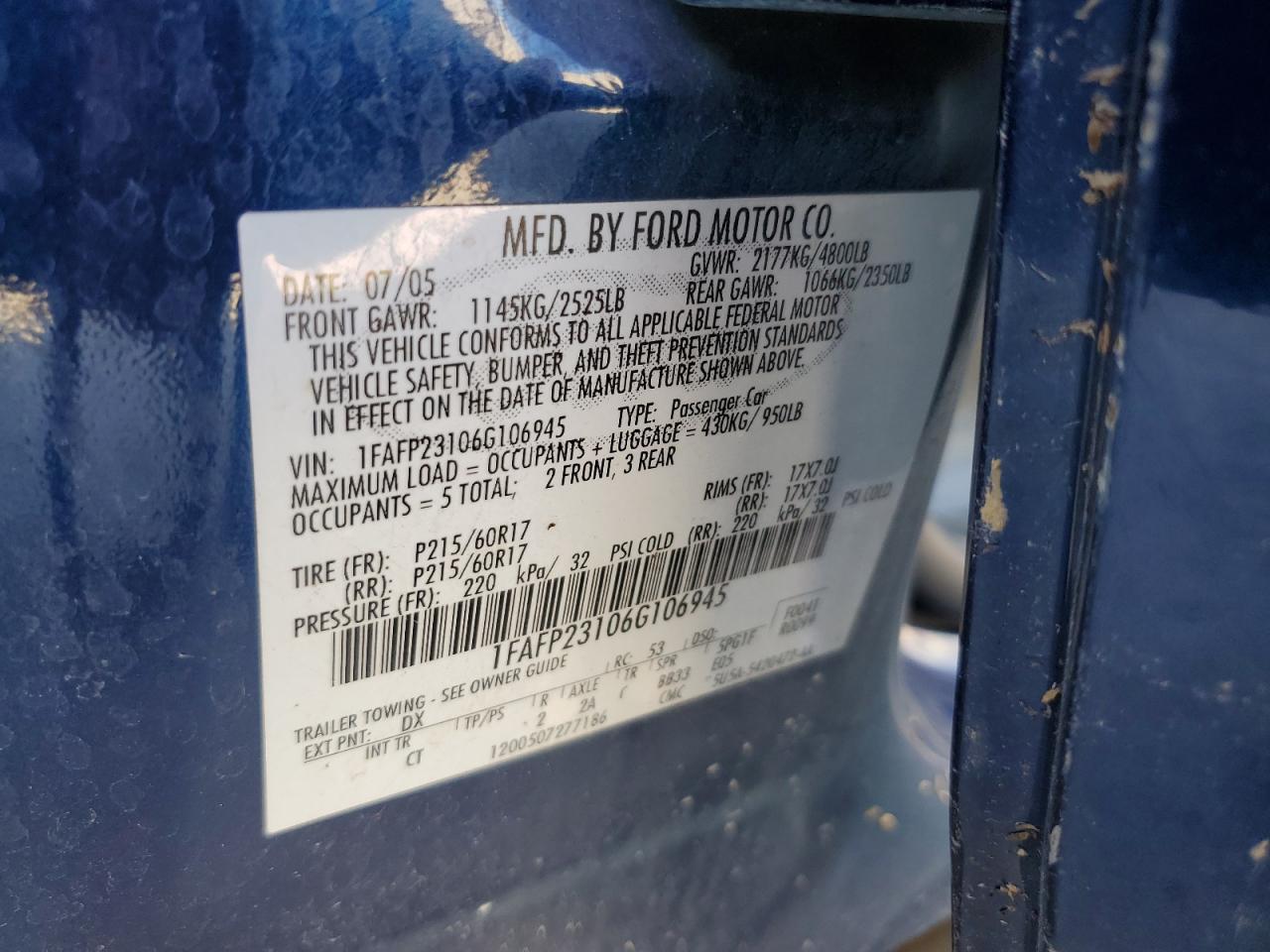 2006 Ford Five Hundred Se VIN: 1FAFP23106G106945 Lot: 70576965