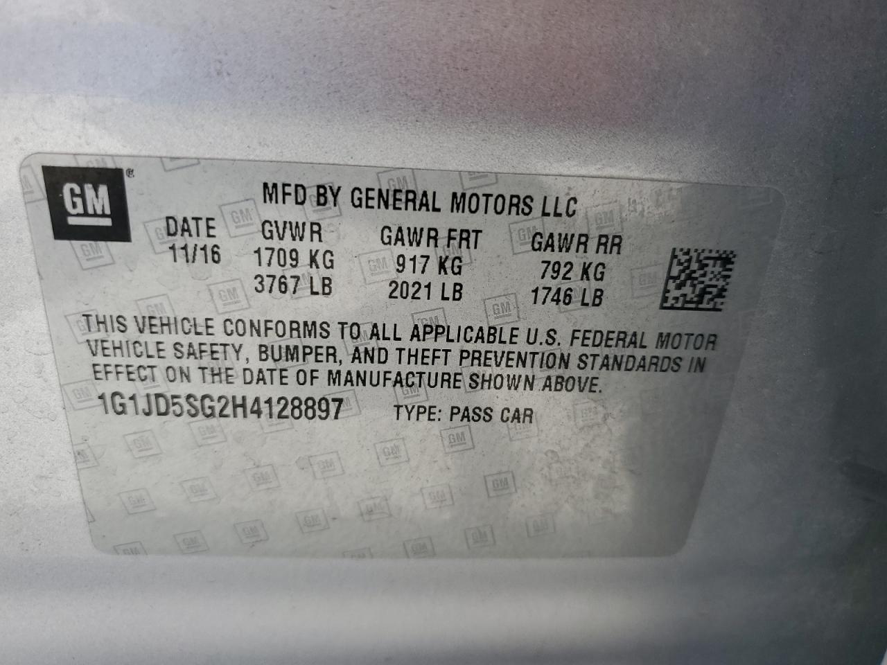 2017 Chevrolet Sonic Lt VIN: 1G1JD5SG2H4128897 Lot: 65319265