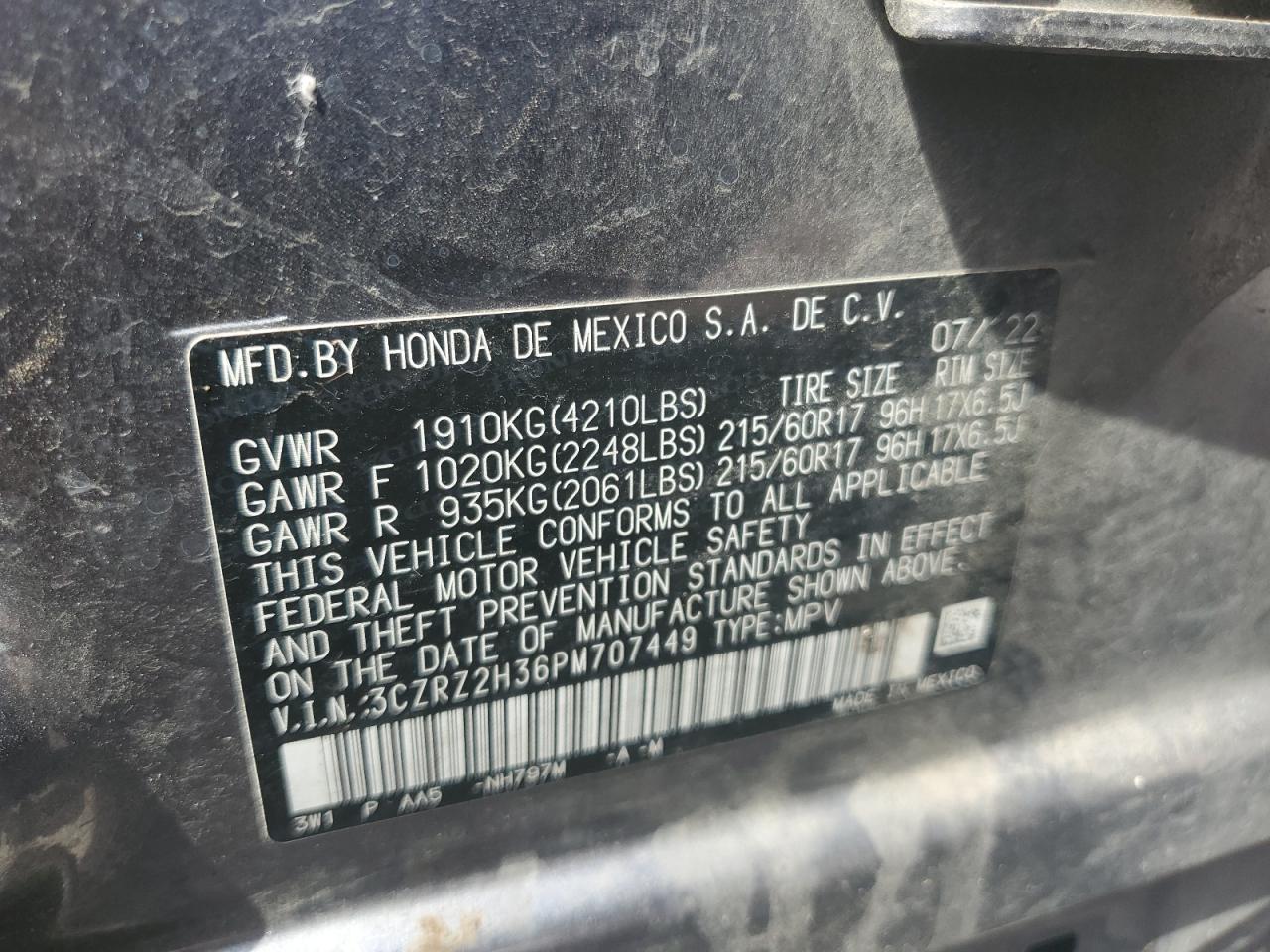 2023 Honda Hr-V Lx VIN: 3CZRZ2H36PM707449 Lot: 69634815