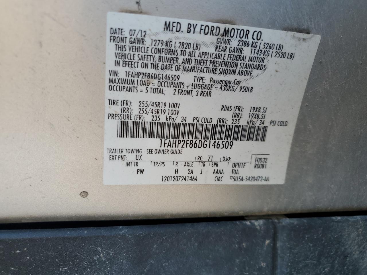 2013 Ford Taurus Limited VIN: 1FAHP2F86DG146509 Lot: 67644255