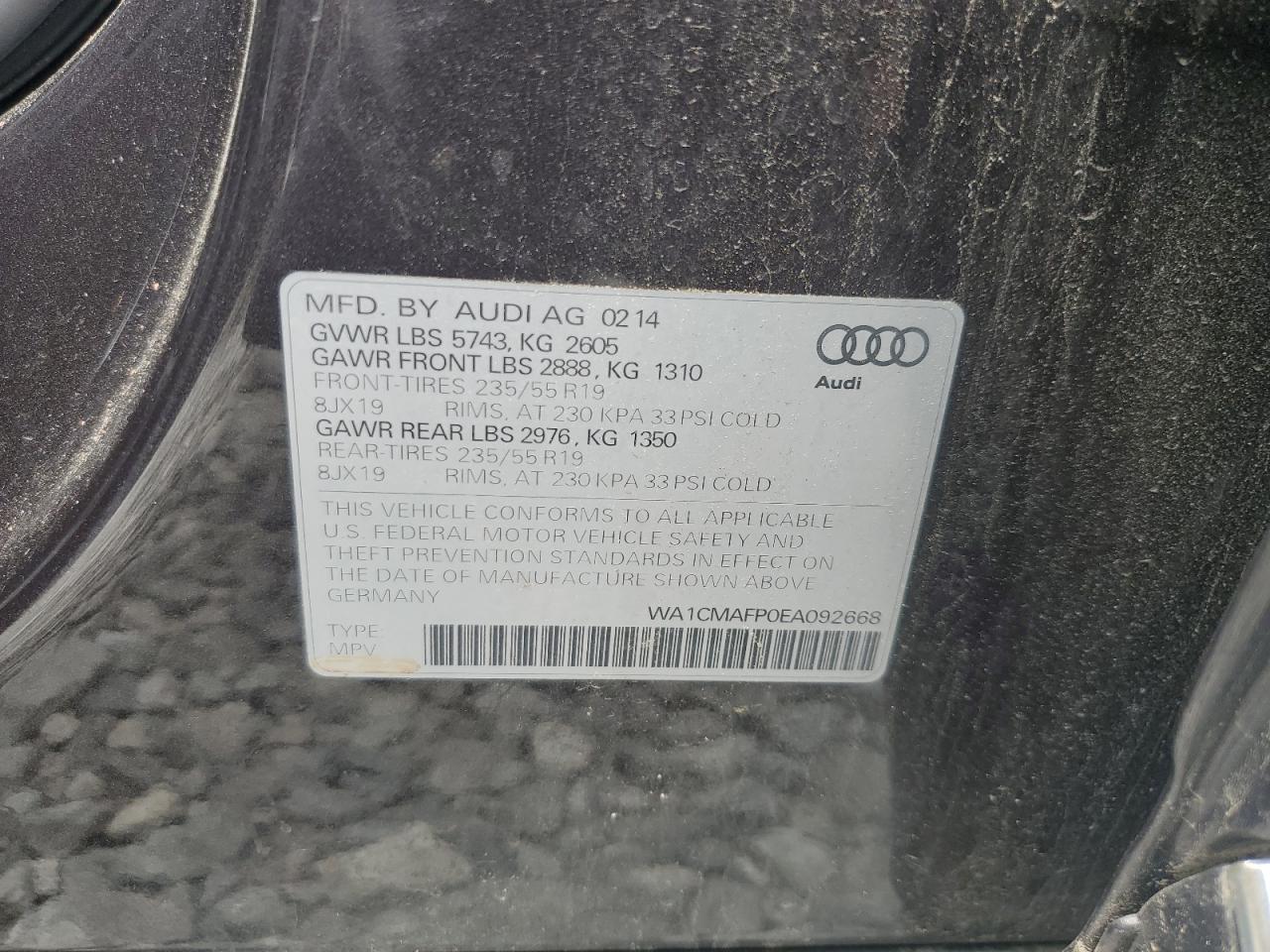 2014 Audi Q5 Tdi Premium Plus VIN: WA1CMAFP0EA092668 Lot: 67310125