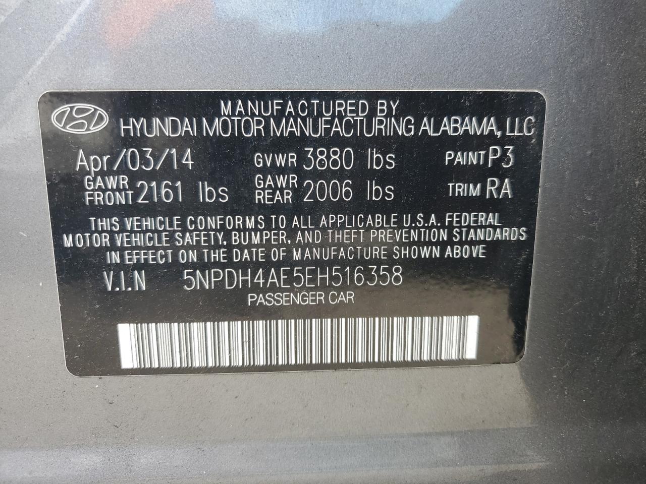 2014 Hyundai Elantra Se VIN: 5NPDH4AE5EH516358 Lot: 69458405