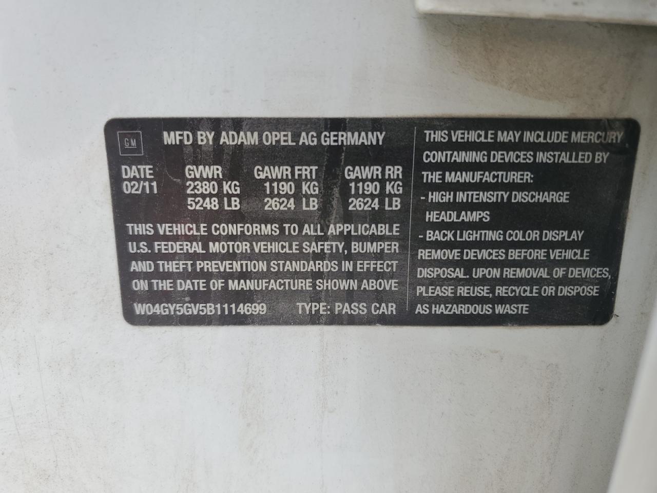 2011 Buick Regal Cxl VIN: W04GY5GV5B1114699 Lot: 70815025