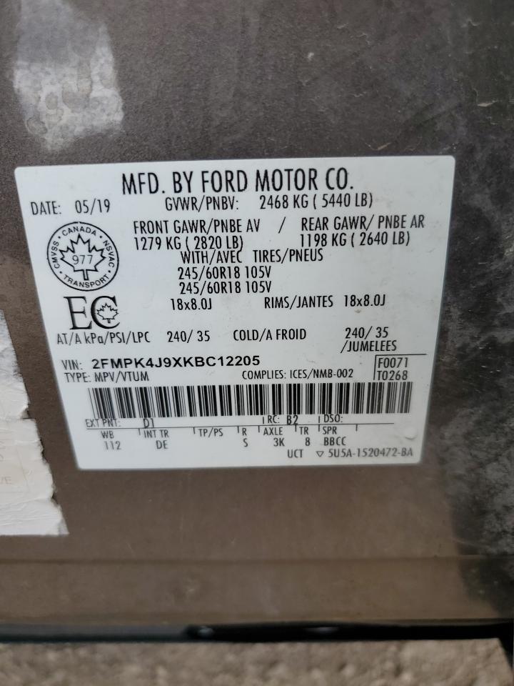 2019 Ford Edge Sel VIN: 2FMPK4J9XKBC12205 Lot: 70126055