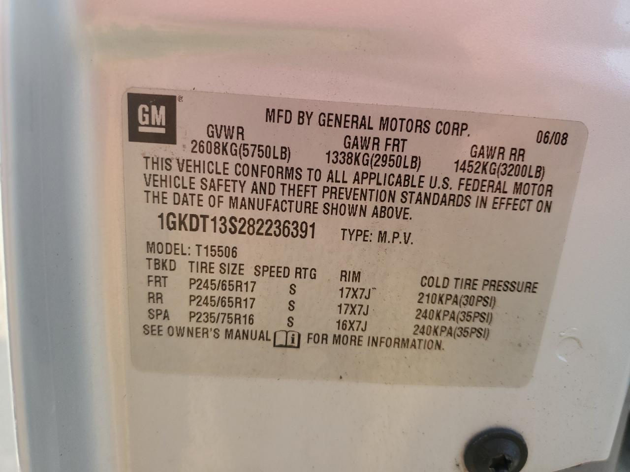 2008 GMC Envoy VIN: 1GKDT13S282236391 Lot: 69659945