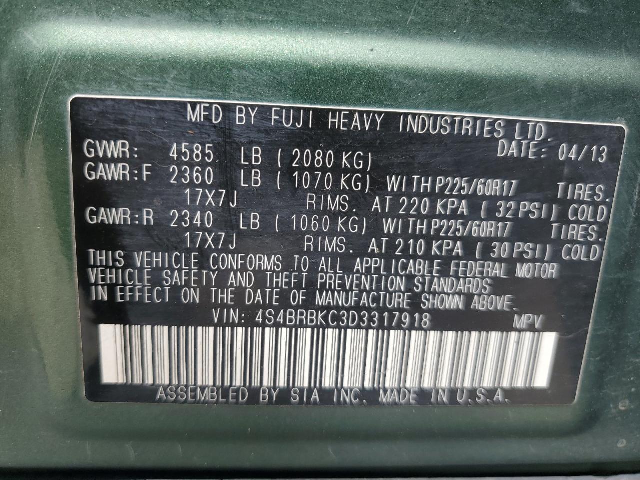 2013 Subaru Outback 2.5I Limited VIN: 4S4BRBKC3D3317918 Lot: 67814295
