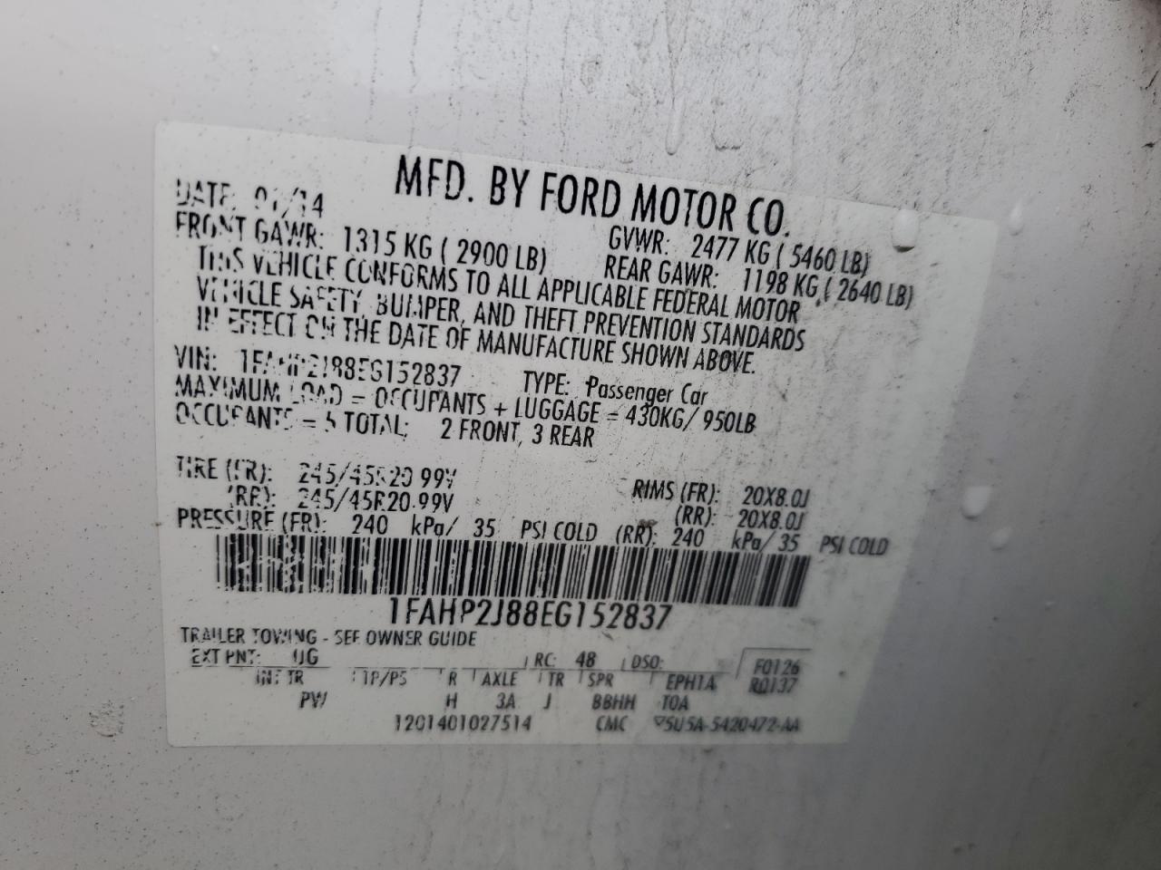 2014 Ford Taurus Limited VIN: 1FAHP2J88EG152837 Lot: 69125325