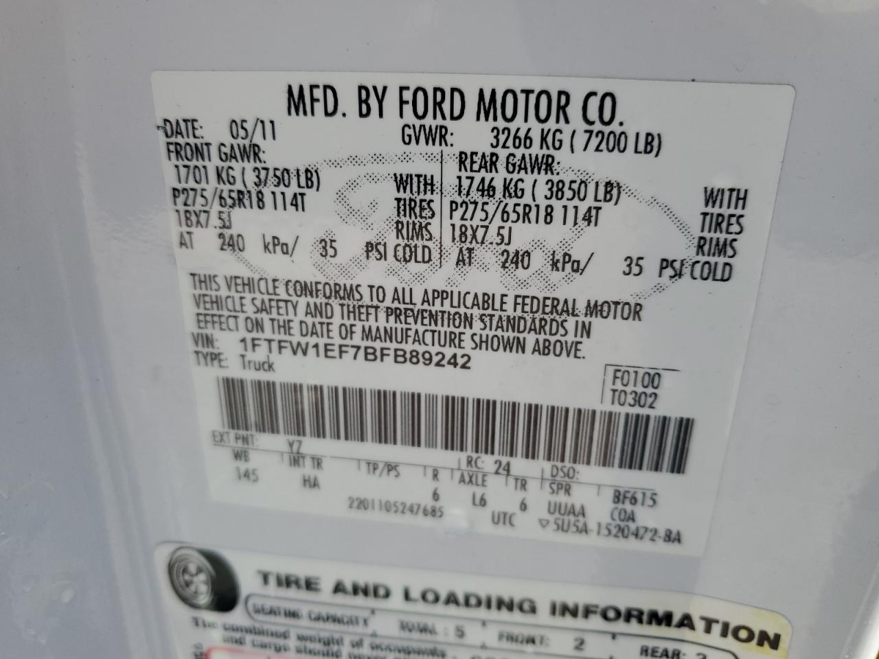 2011 Ford F150 Supercrew VIN: 1FTFW1EF7BFB89242 Lot: 70834115