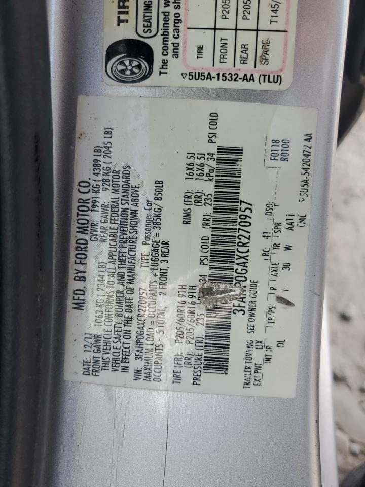 2012 Ford Fusion S VIN: 3FAHP0GAXCR270957 Lot: 68537495