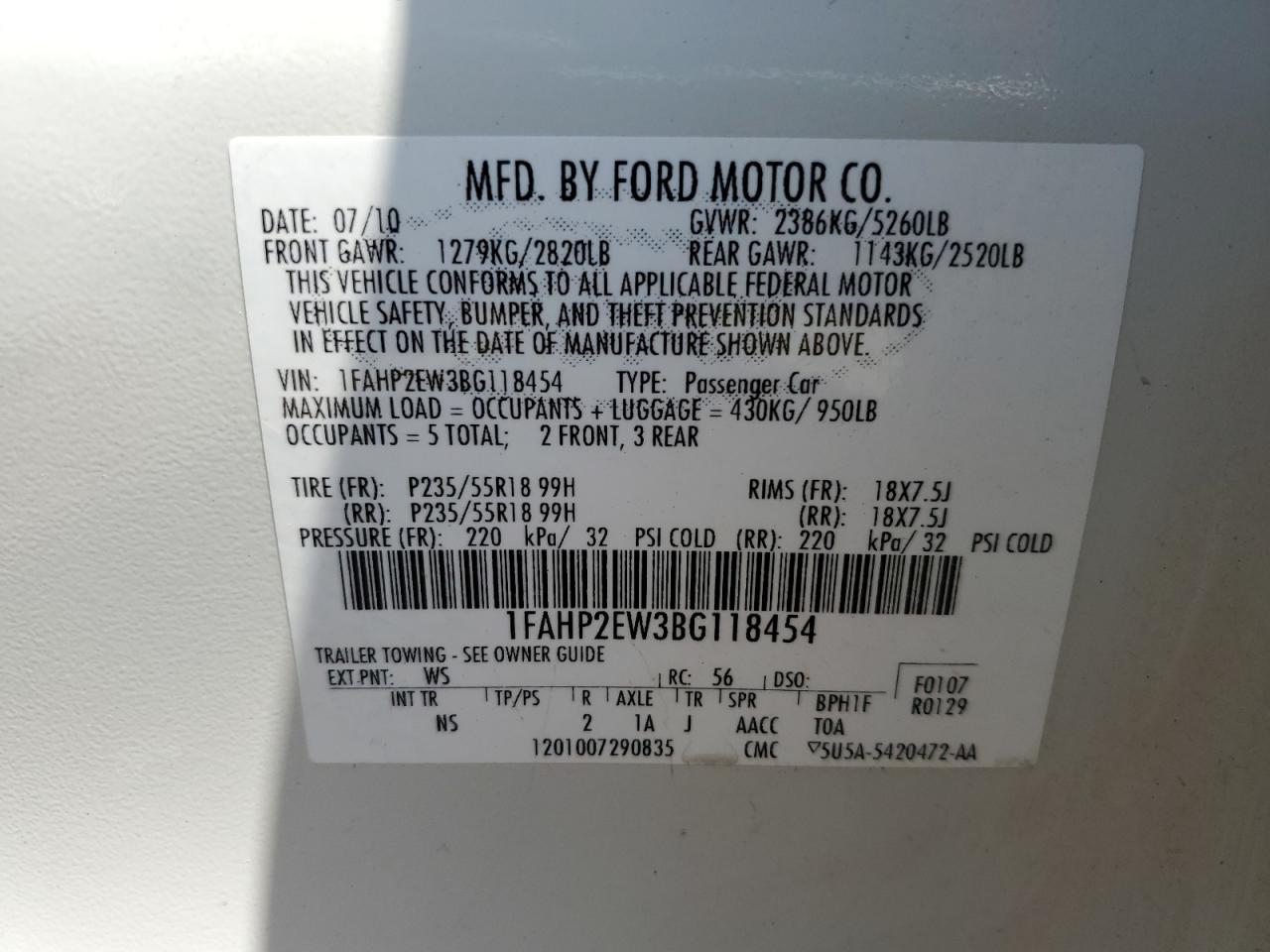 2011 Ford Taurus Sel VIN: 1FAHP2EW3BG118454 Lot: 68565775