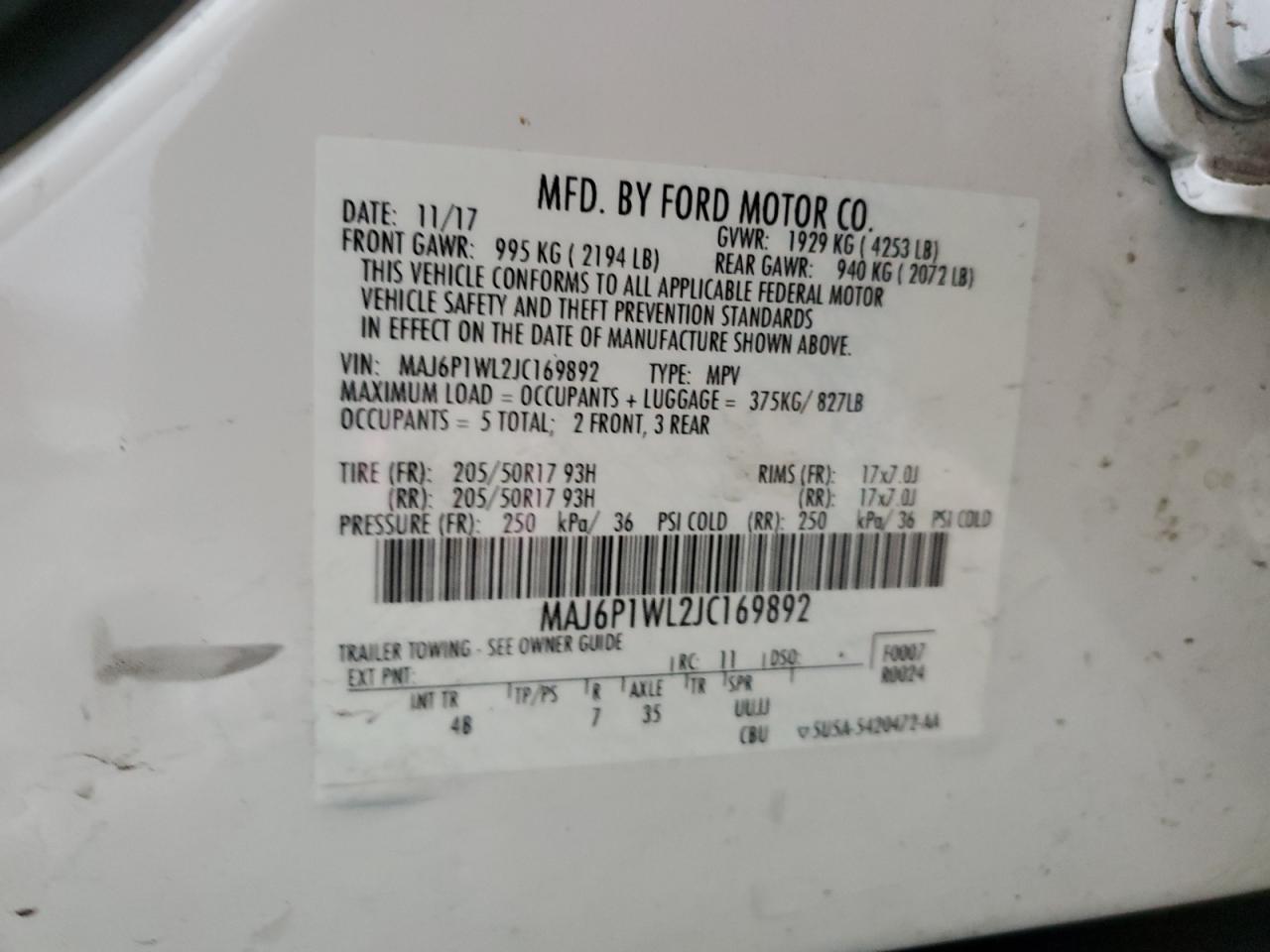 2018 Ford Ecosport Titanium VIN: MAJ6P1WL2JC169892 Lot: 69234645