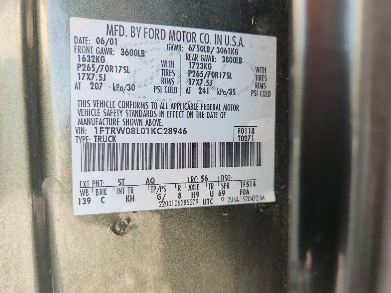 2001 Ford F150 Supercrew VIN: 1FTRW08L01KC28946 Lot: 70583145