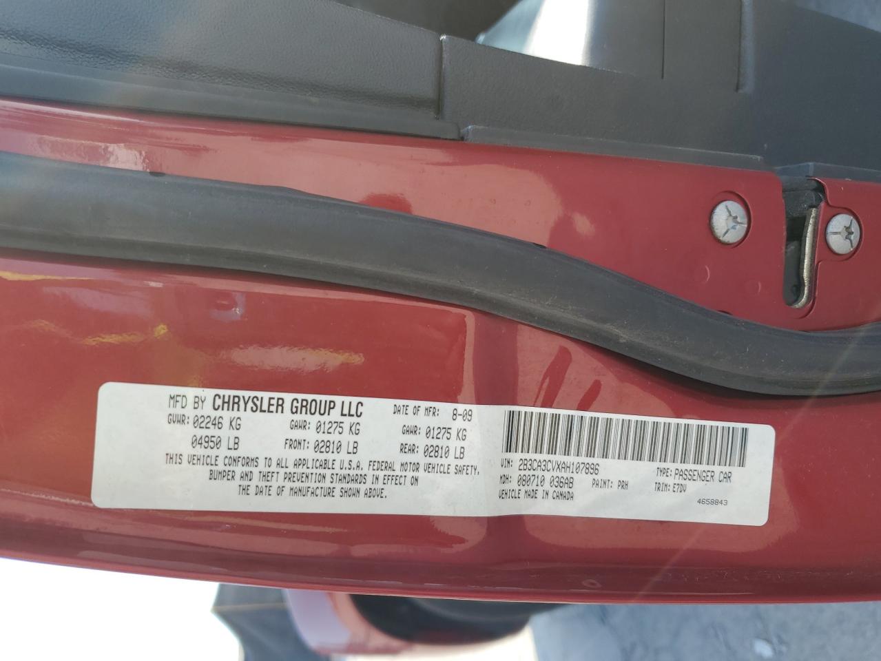 2010 Dodge Charger Sxt VIN: 2B3CA3CVXAH107896 Lot: 68970235