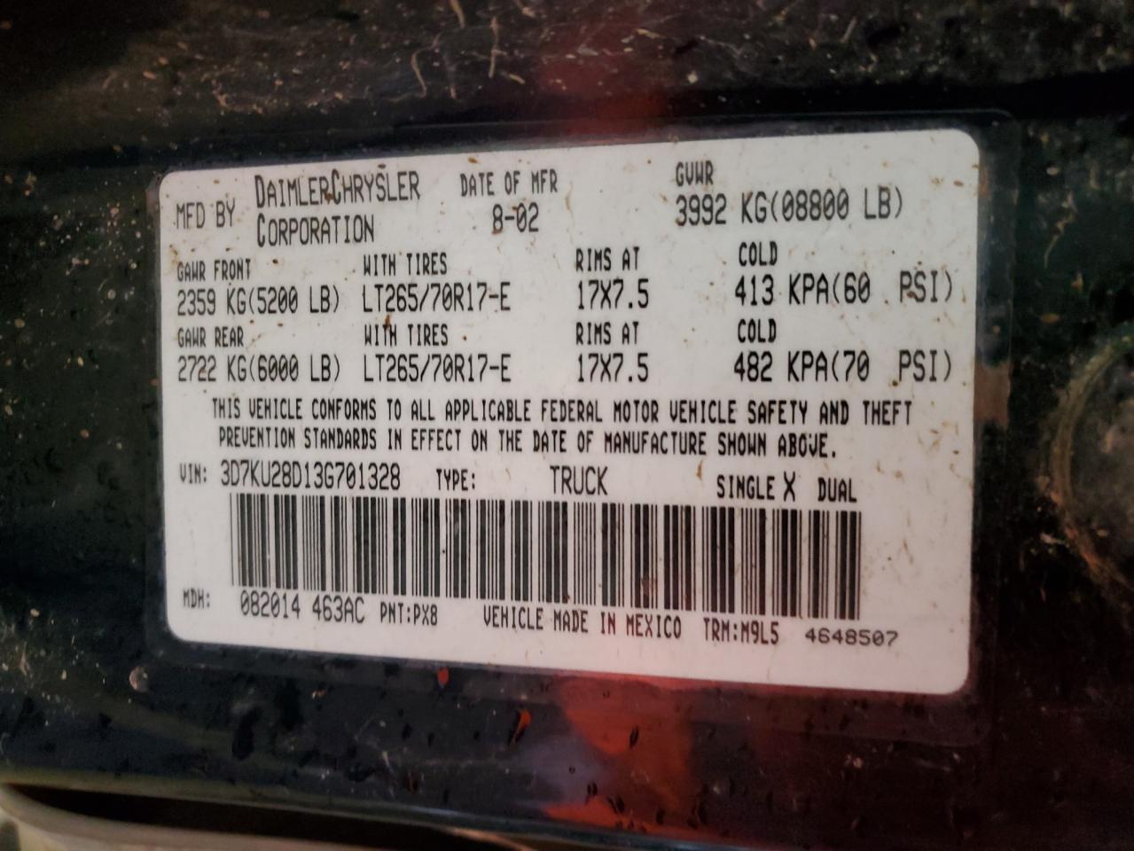 2003 Dodge Ram 2500 St VIN: 3D7KU28D13G701328 Lot: 68506685