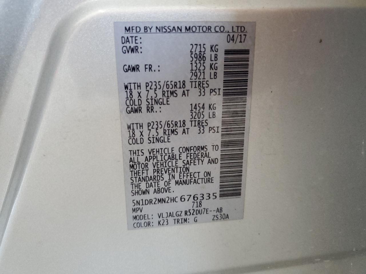 2017 Nissan Pathfinder S VIN: 5N1DR2MN2HC676335 Lot: 67258295