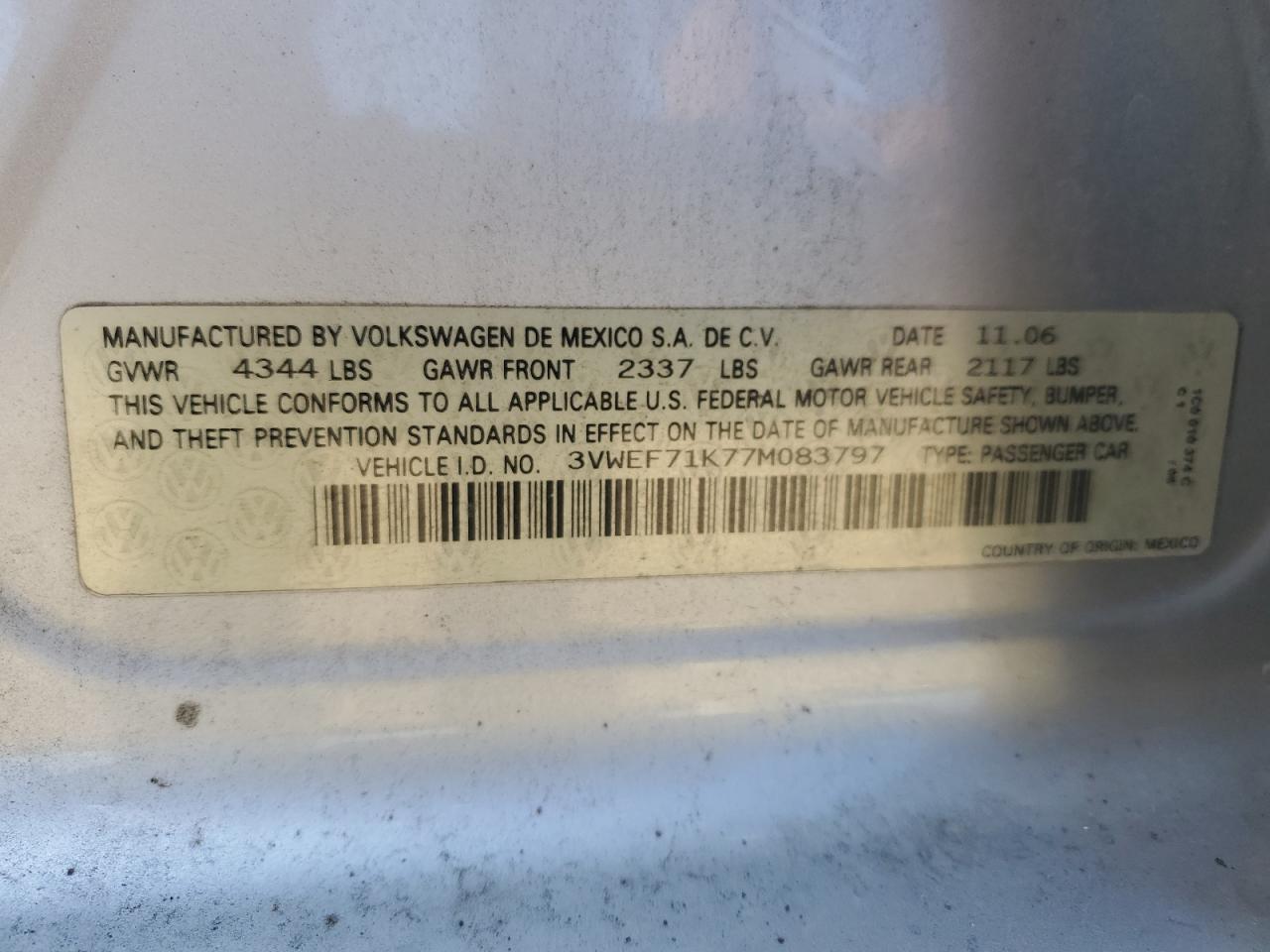 2007 Volkswagen Jetta Wolfsburg VIN: 3VWEF71K77M083797 Lot: 67279695