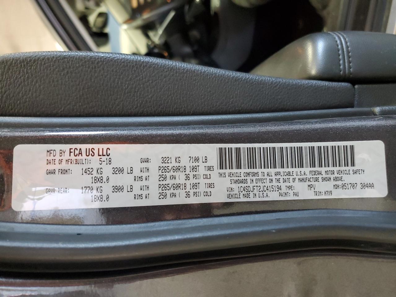 2018 Dodge Durango Ssv VIN: 1C4SDJFT2JC415194 Lot: 70683375