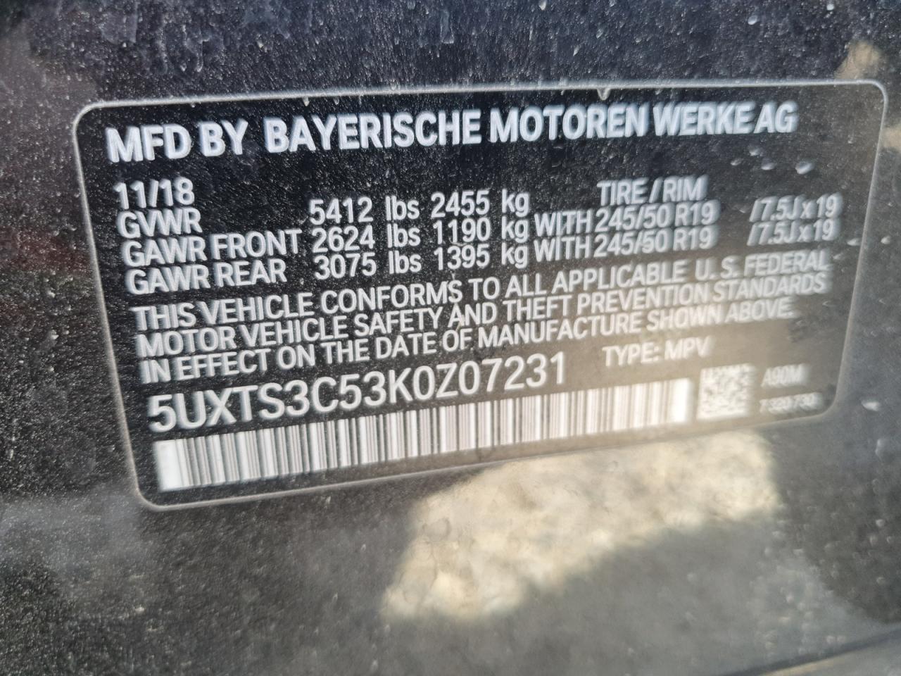 2019 BMW X3 xDrivem40I VIN: 5UXTS3C53K0Z07231 Lot: 68938665