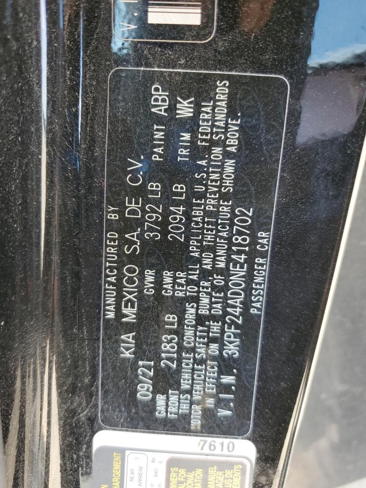 2022 Kia Forte Fe VIN: 3KPF24AD0NE418702 Lot: 67862585