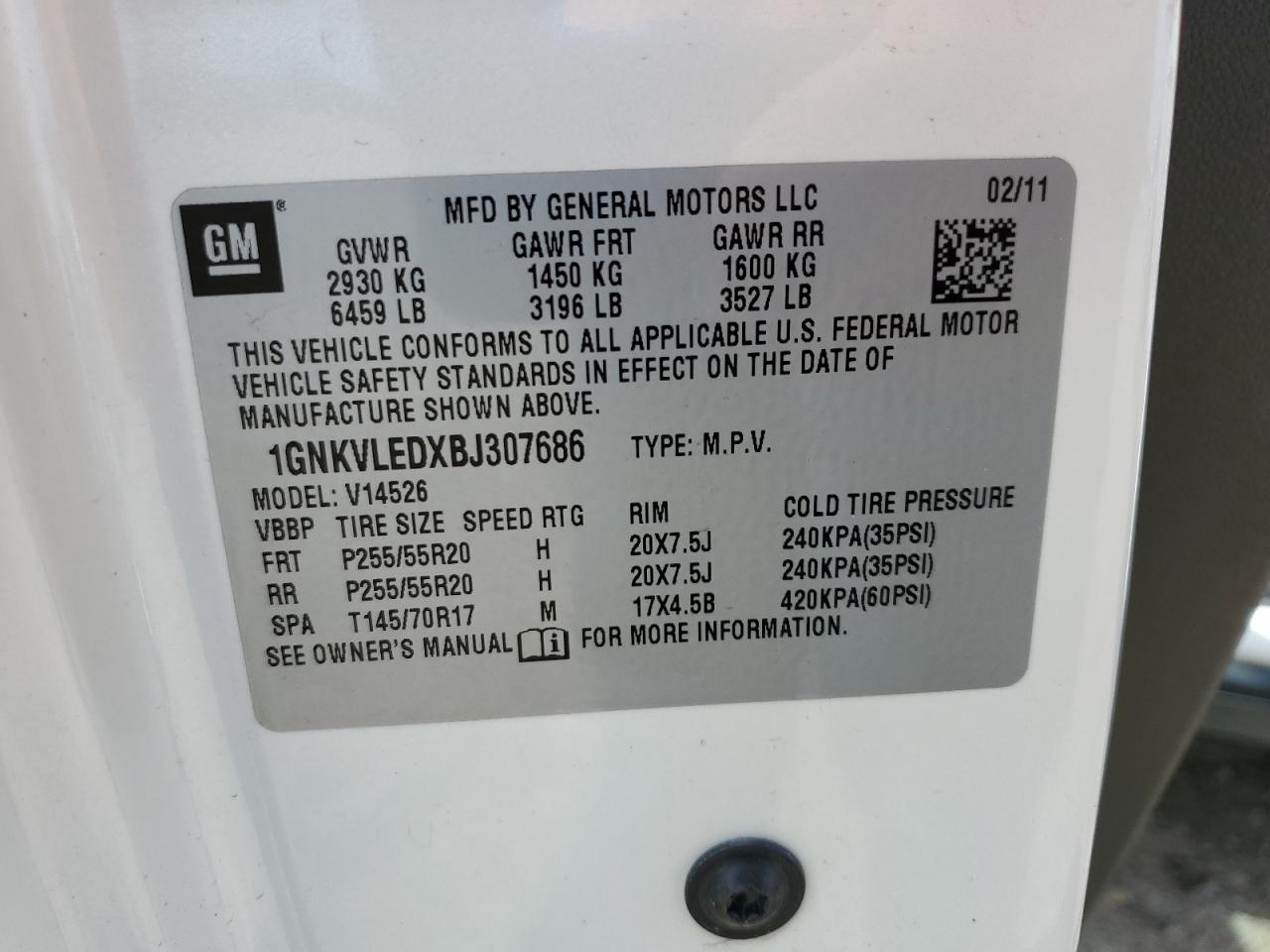 2011 Chevrolet Traverse Ltz VIN: 1GNKVLEDXBJ307686 Lot: 70866795