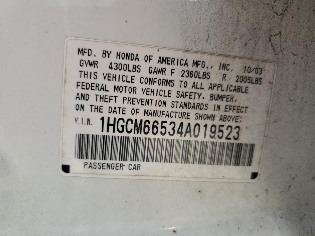 2004 Honda Accord Ex VIN: 1HGCM66534A019523 Lot: 69788325