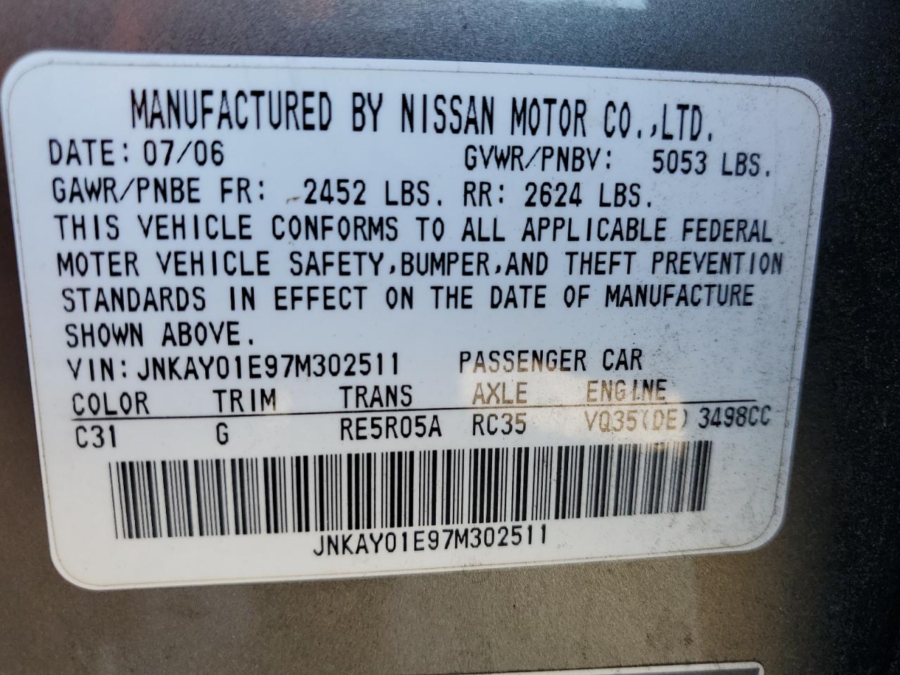 2007 Infiniti M35 Base VIN: JNKAY01E97M302511 Lot: 70705135