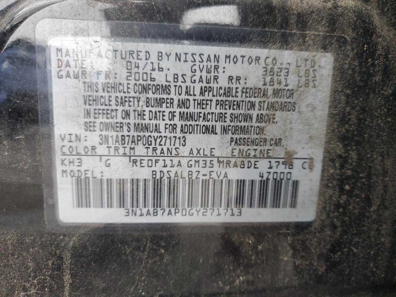 2016 Nissan Sentra S VIN: 3N1AB7AP0GY271713 Lot: 69220995